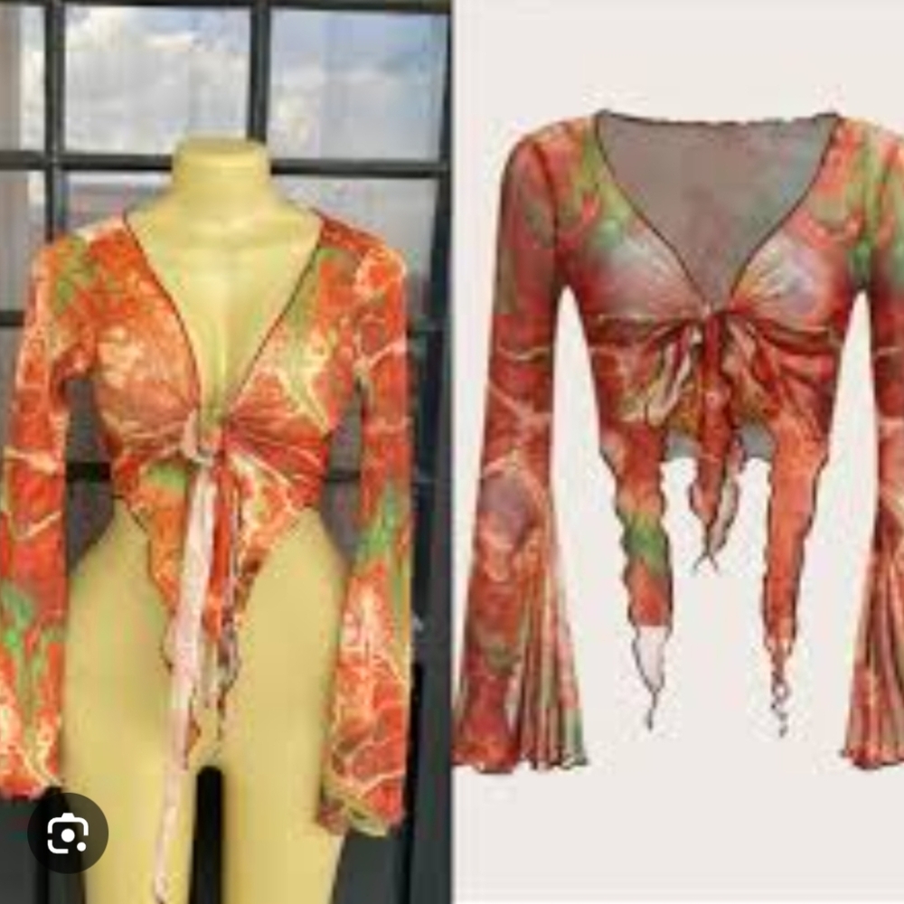 Floral Mesh Bell Sleeve Fairy Grunge Crop Top XS Orange & Green Tie Dye Boho 70s